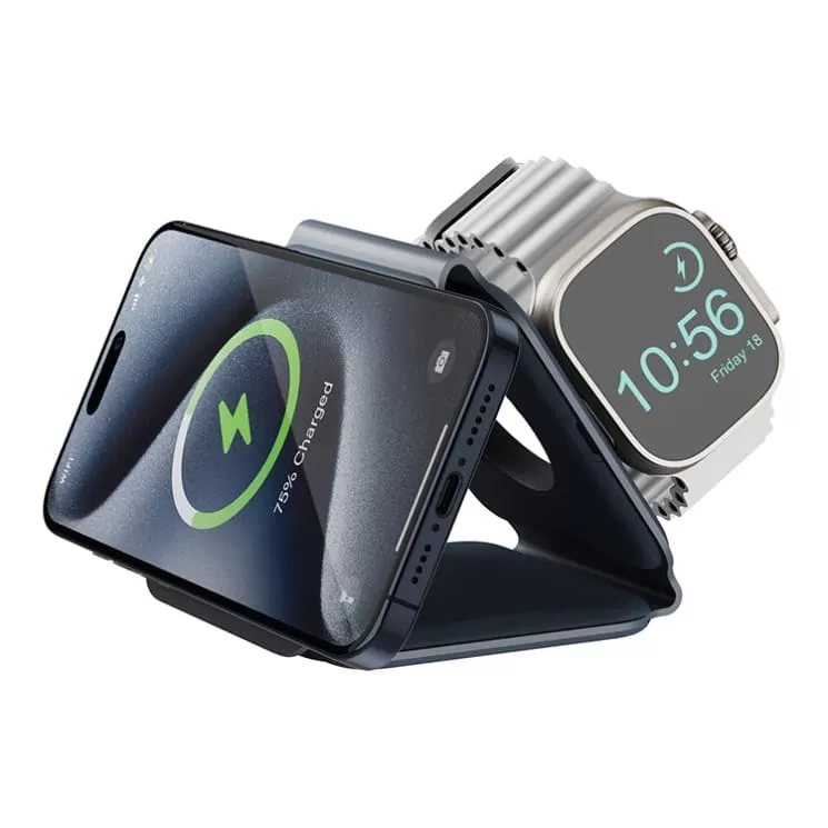 Беспроводное зарядное устройство EnergEA Bazic GoMag Trio PLUS magnetic wireless foldable 15W, синий