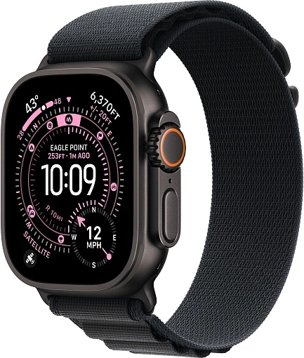 Apple Watch Ultra 3 49 мм, корпус из черного титана, ремешок Alpine черного цвета, размер L